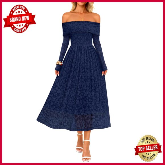 Off Shoulder Floral Midi Dress Long Sleeve Formal Boho Wedding Guest Elegant